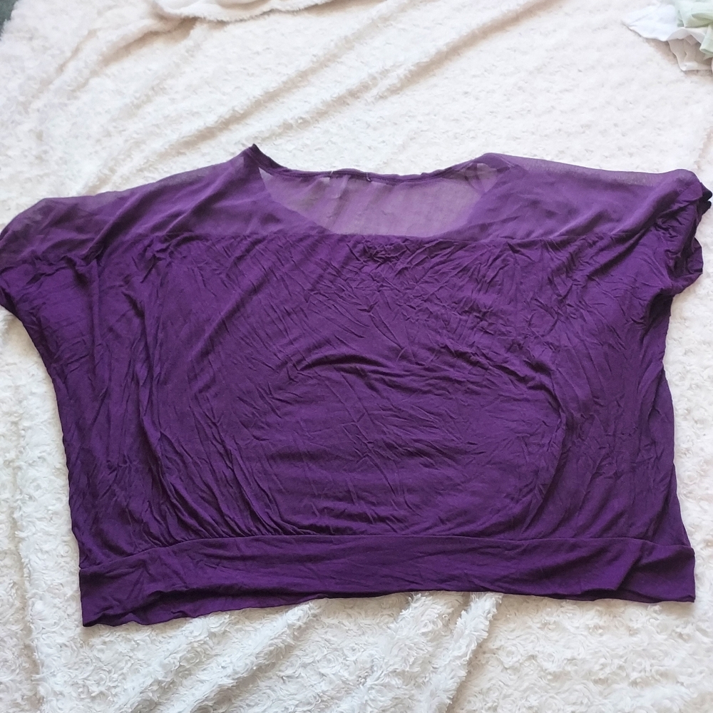 Ambiance Apparel Purple Rayon Partly Sheer Crop Top 3X Boxy Flirty - Picture 2 of 6